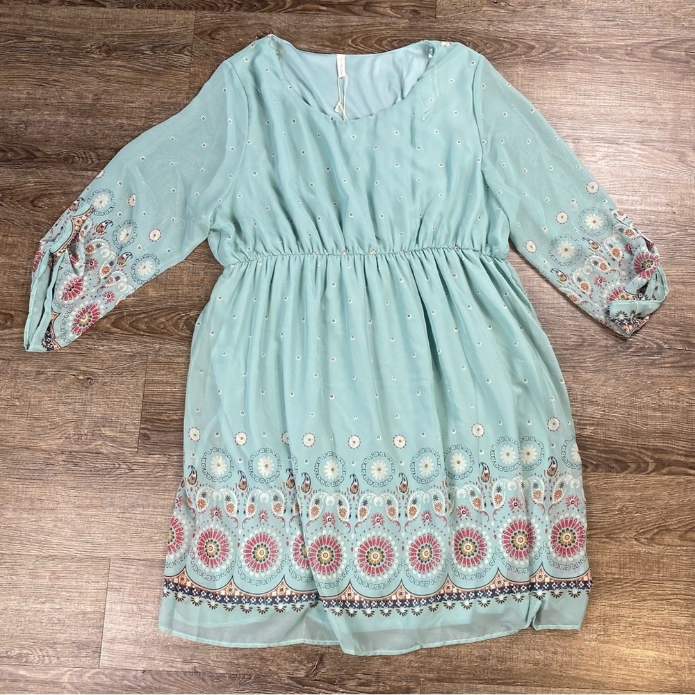Pinkblush Dress Maternity 3XL Blue Pink Scope Neck Lined 3/4 Sleeve Boho Paisley